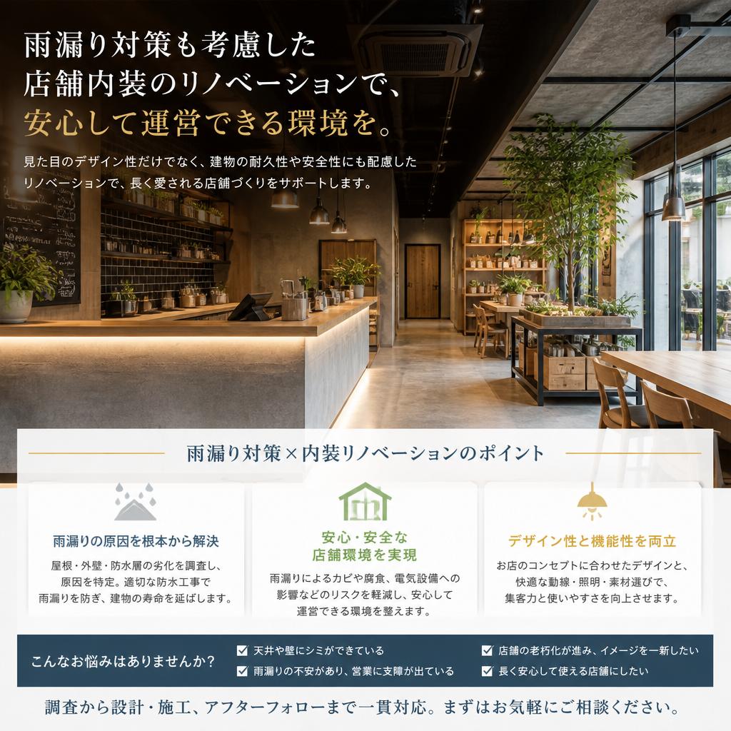 雨漏り対策も考慮した店舗内装のリノベーションで、安心して運営できる環境を。